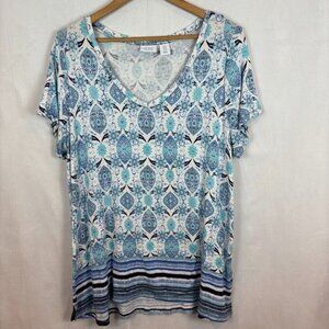 Sigrid Olsen Women's Blue White Floral Paisley Short Sleeve Blouse SZ 1X Comfort